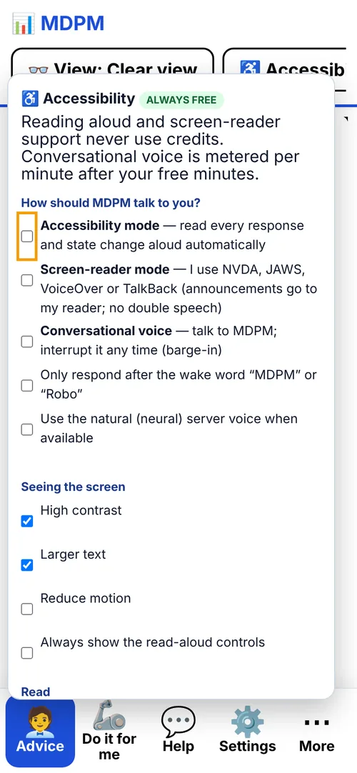 Accessibility options in MDPM on a phone