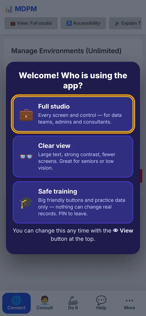 MDPM on a phone asking who is using the app